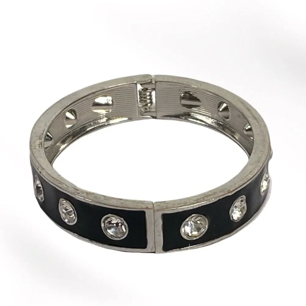 VTG Enamel Rhinestone Studded Bracelet Black Silver Tone Hinged Bangle Clamper